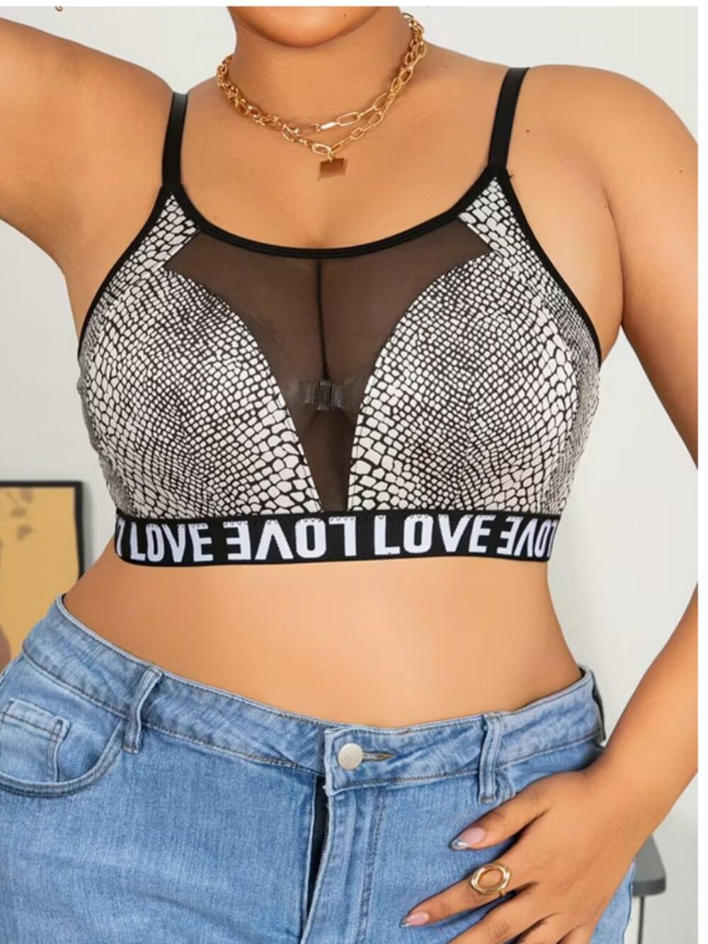 Plus Sexy Wireless LOVE Bra B/W Snakeskin Mesh Adjustable Straps Stretch 4X